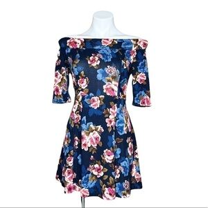 Haute Monde Dark Blue Soft Stretchy Floral Off Shoulder Fit & Flare Dress